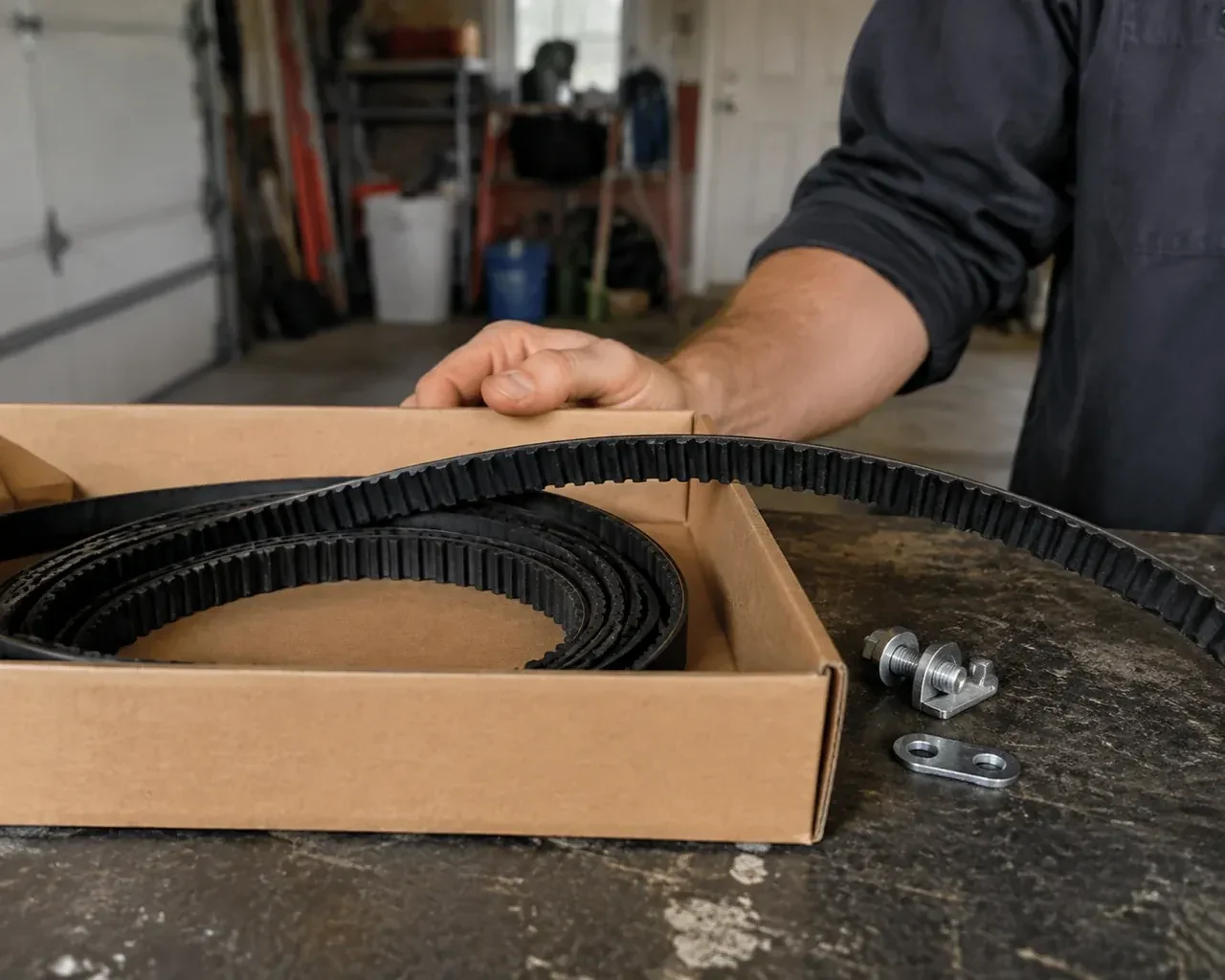 A toothed black drive belt lies in an open cardboard box beside small metal fittings on a garage workbench. — Belt-Drive Opener Repair, Innisfil