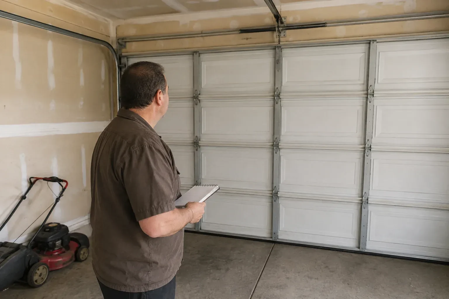 Technician holding a notebook while looking at a closed sectional door. — Garage Door Balance Adjustment, Innisfil