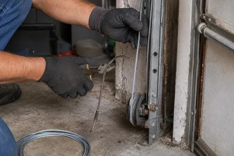 Gloved hands holding a bright cable and pliers gripping a frayed cable beside a garage-door track and pulley. — Garage Door Cable Replacement, Innisfil