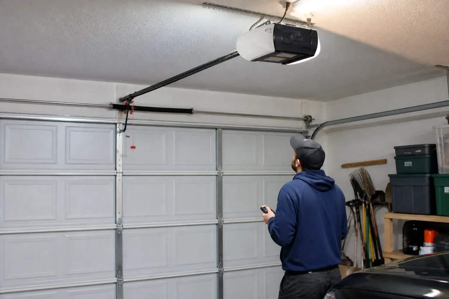 A person holding a remote looks toward an overhead garage-door opener and rail. — Garage Door Opener Diagnosis and Repair, Innisfil