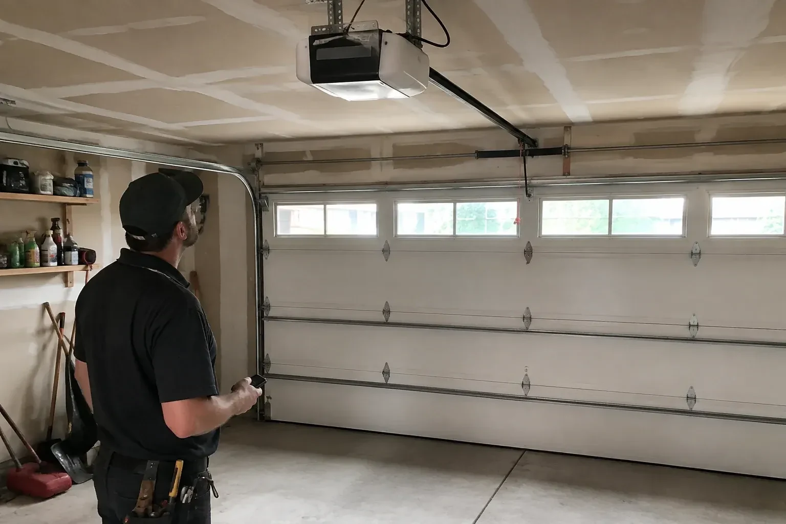 A person looks at an overhead opener above a closed garage door with a row of windows. — Garage Door Opener Replacement, Innisfil