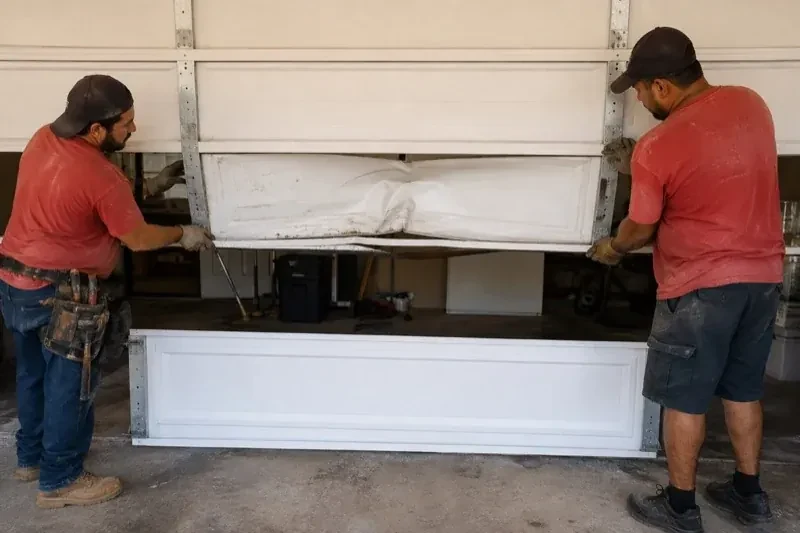 Two people holding a dented lower garage-door section above a separate white panel resting on the ground. — Garage Door Panel Replacement, Innisfil