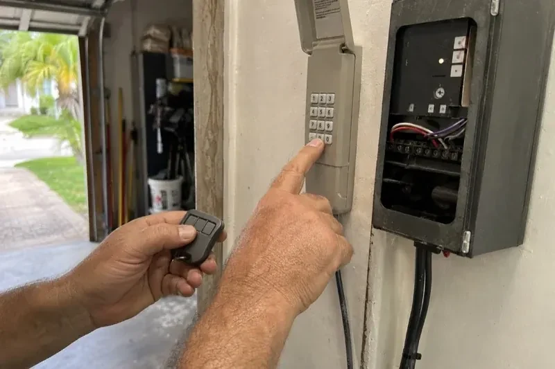 Hands holding a small remote and pressing a wall-mounted keypad beside an open control box with visible wiring. — Garage Door Remote and Keypad Programming, Innisfil