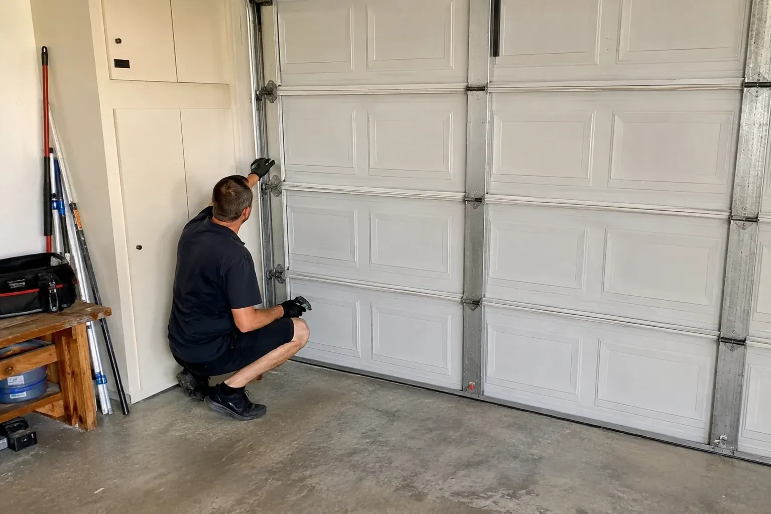 A person kneels beside the side track and hinges of a closed sectional garage door. — Garage Door Safety Inspection, Innisfil