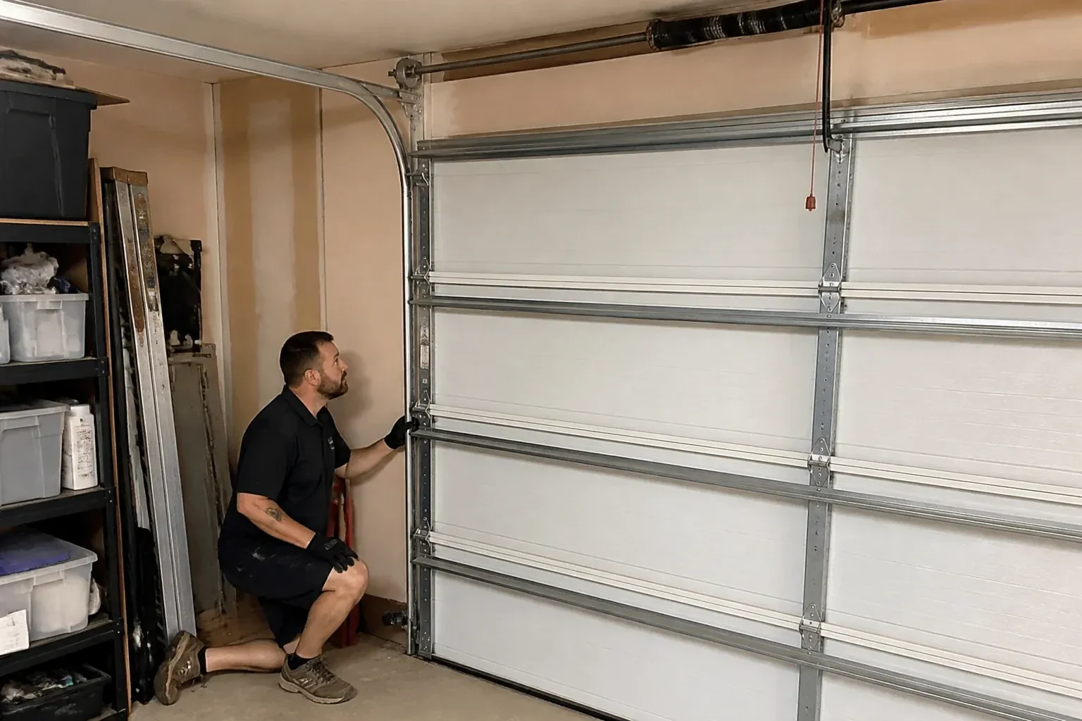 A person examines the vertical side track of a closed garage door. — Garage Door Track Repair or Replacement, Innisfil Park