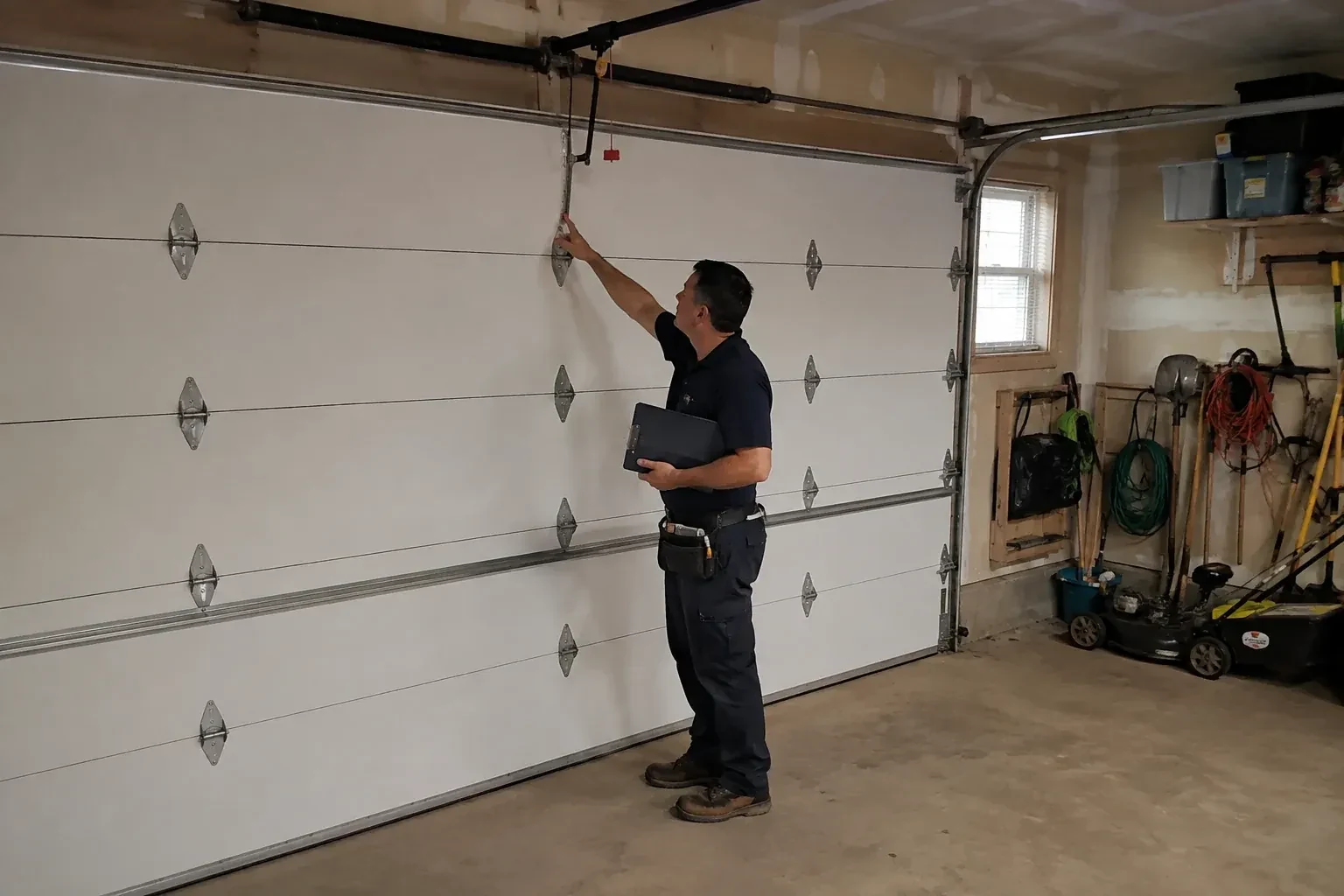 A person holding a clipboard examines the interior hardware of a closed garage door. — Garage Door Tune-Up, Innisfil