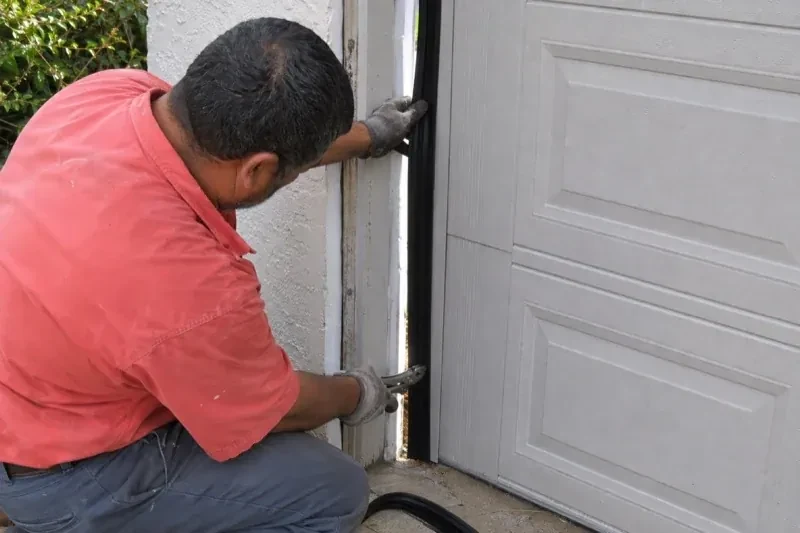 Gloved person holding a black strip along the side of a sectional garage-door opening — Garage Door Perimeter Weatherstrip, Cedar Mount