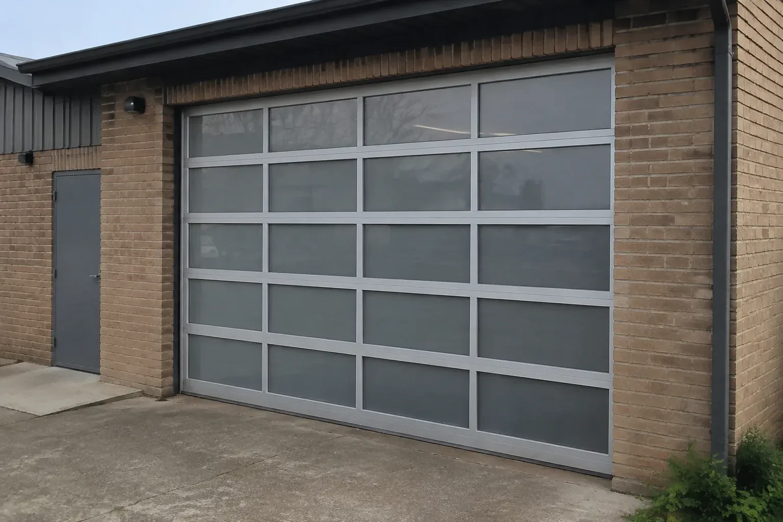 Closed glazed sectional door in a grey metal frame at a brick workshop. — Full-View Glass Garage Door Installation, Innisfil