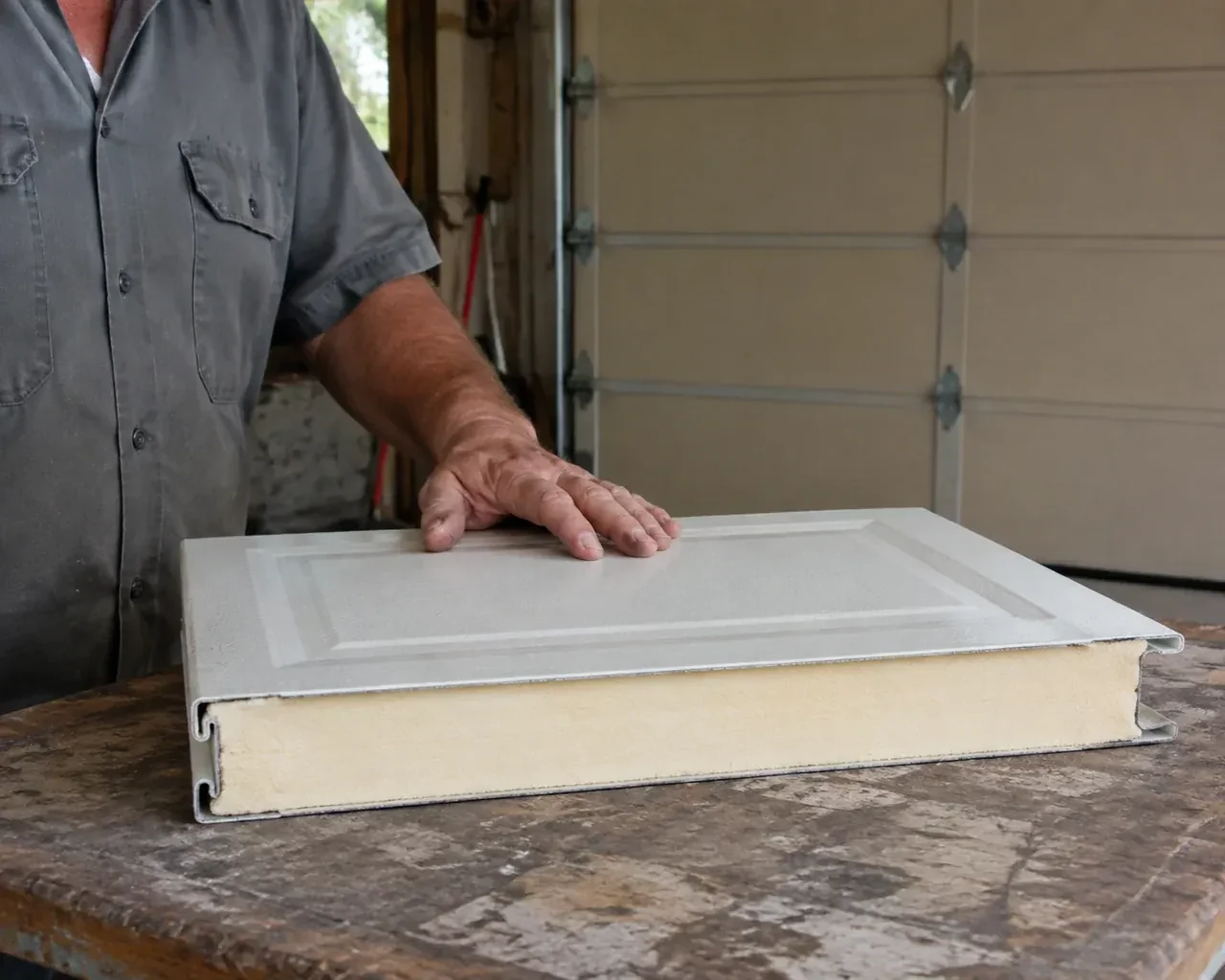 A panel sample exposes a cream foam core between thin metal faces on a garage workbench. — Insulated Steel Garage Door Installation, Innisfil