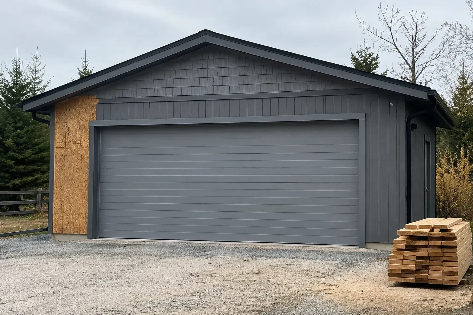 Closed grey garage door on a partly finished building beside stacked lumber. — New-Construction Garage Door Installation, Innisfil