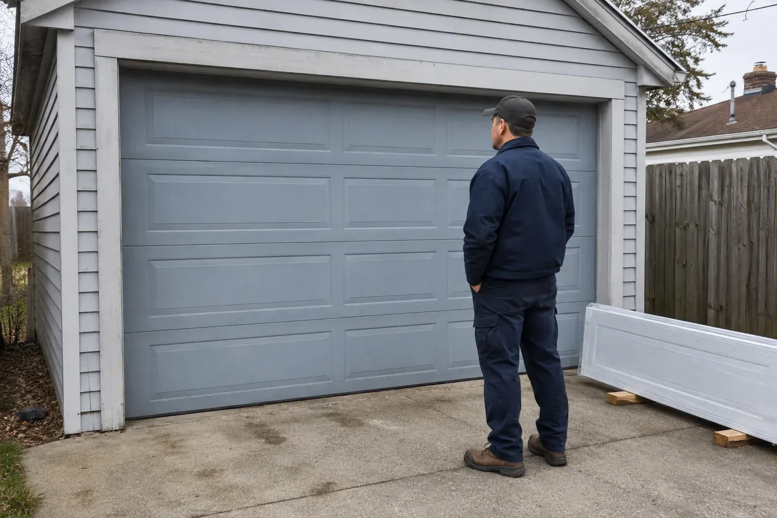 A person examines a blue-grey sectional garage door with a packaged door panel resting beside the driveway. — Sectional Garage Door Replacement, Innisfil
