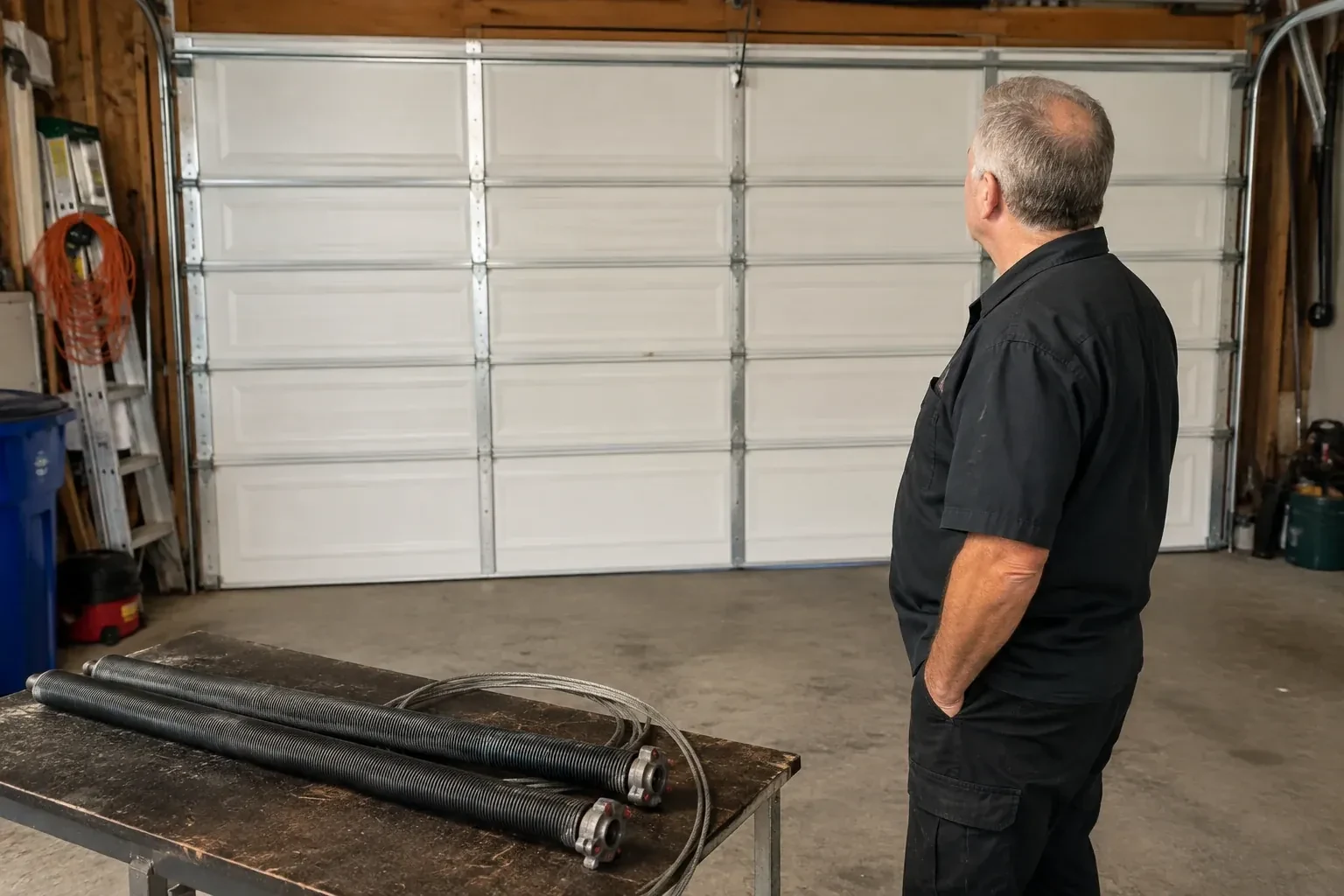 Detached coil springs with end fittings and a cable rest on a bench in front of a closed garage door. — Torsion Spring Replacement, Innisfil
